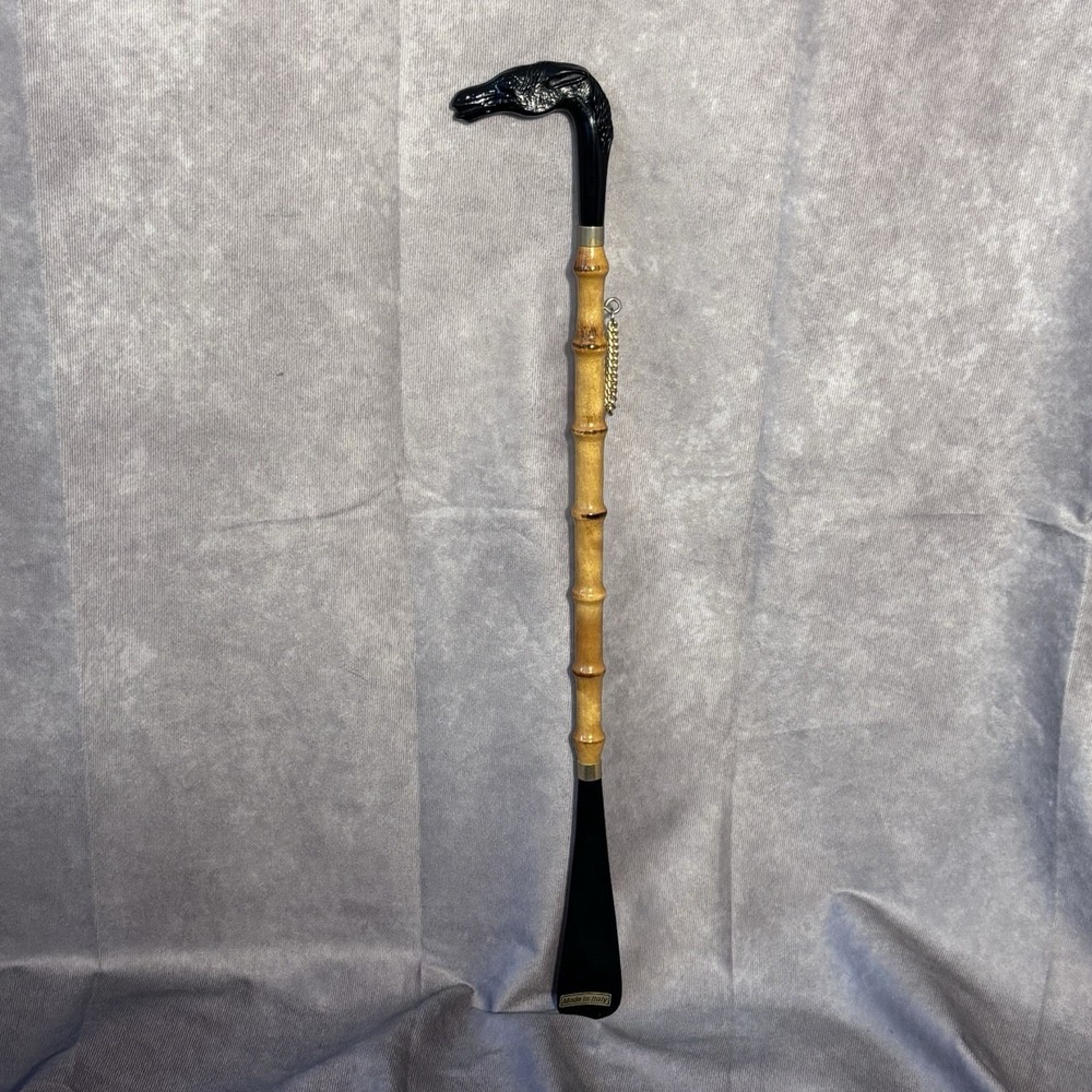Vintage Bamboo Shoe Horn Horse Head Long Handle-Plastic Unique Made In Italy